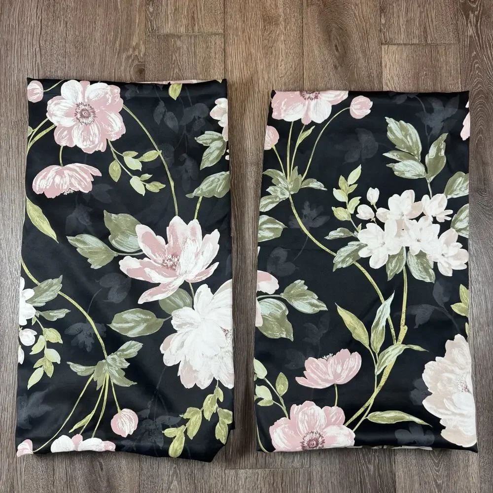 IKEA ROSENMOTT Blackout Curtains 2 Panels (1 pair) 57x98 Black Floral Polyester